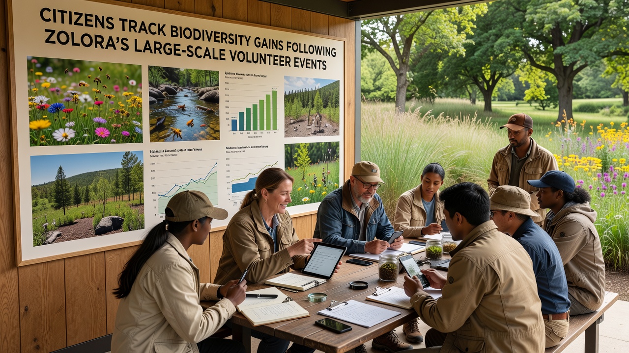 Community members reviewing biodiversity data charts during a follow-up tracking session in restored wetland areas
